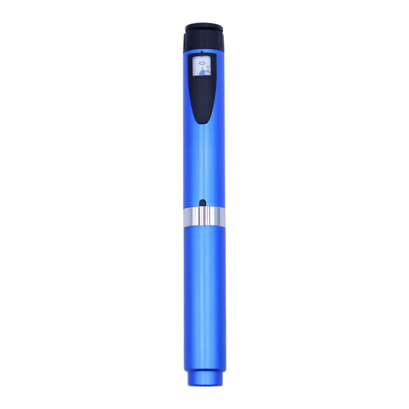 A blue reusable injection pen with a black cap and a silver band on the body.