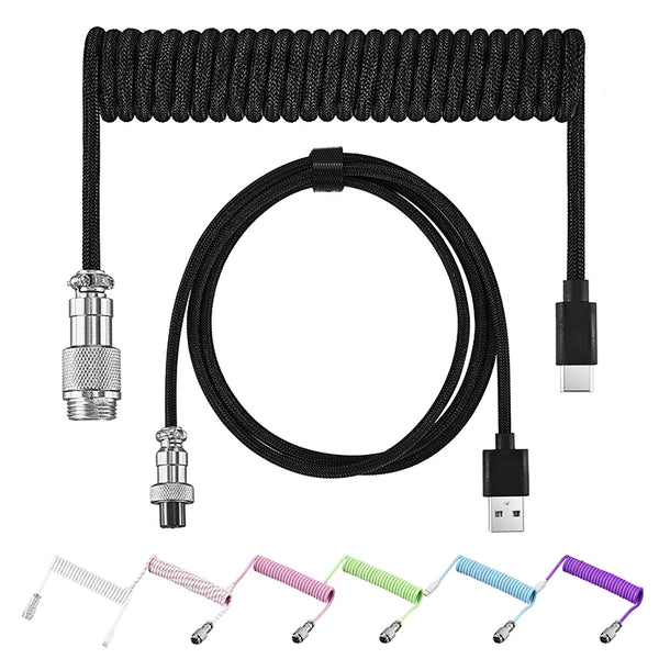Schwarzes geflochtenes USB-C zu USB-Tastaturkabel mit Spannungsentlastungs-Loop und mehreren Anschlüssen.