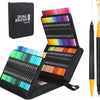 A black storage case holds a set of 120 dual-tip brush markers in various vibrant colors, with an individual marker shown sep
