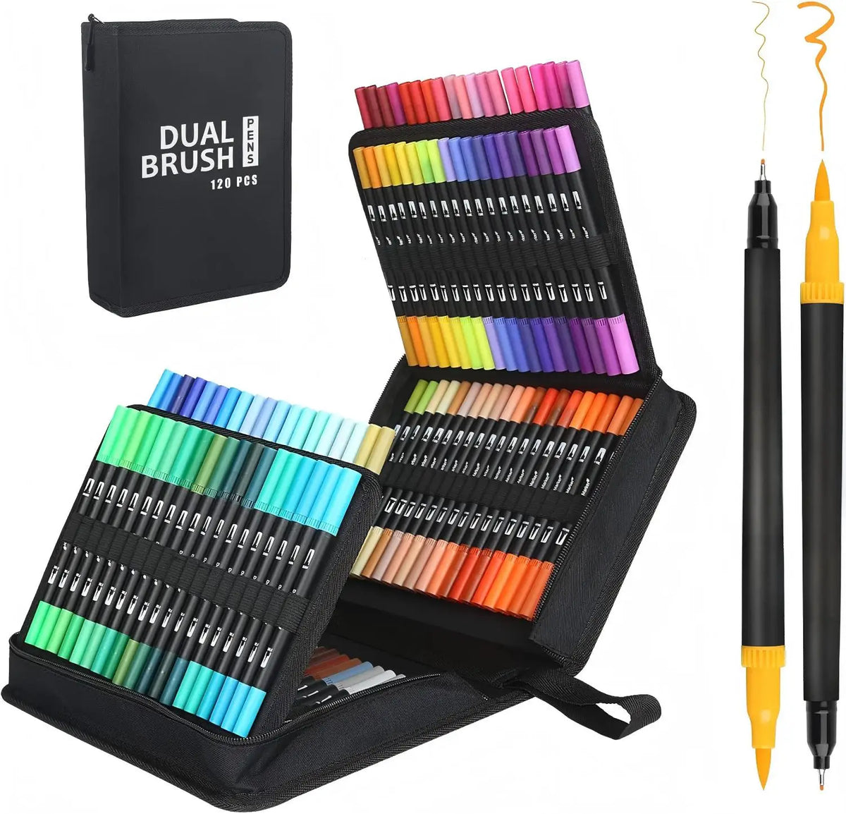 A black storage case holds a set of 120 dual-tip brush markers in various vibrant colors, with an individual marker shown sep