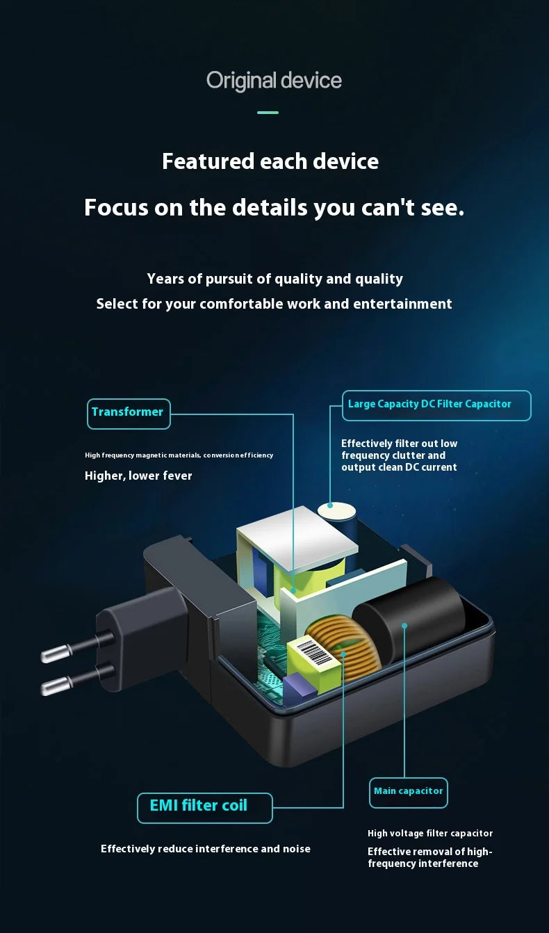 Diagram showing the internal components of a power adapter including a transformer, EMI filter coil, and main capacitor.