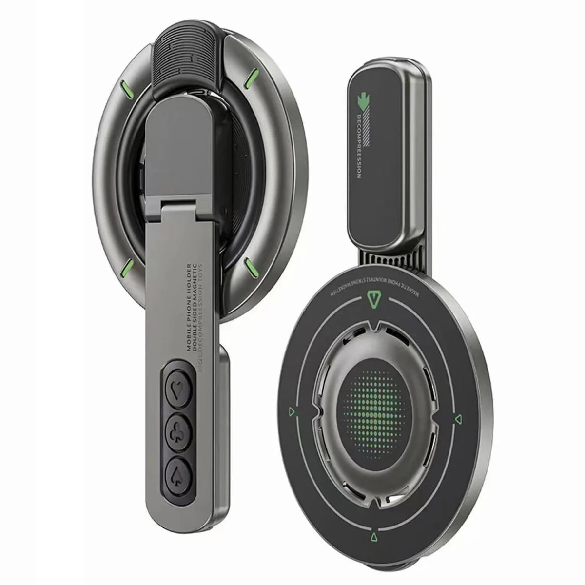 Support magnétique pour téléphone noir, double face, avec base rotative et support vertical.