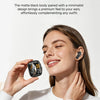 A woman is holding an AI-powered translator earbud and its smart touch screen case against her ear.