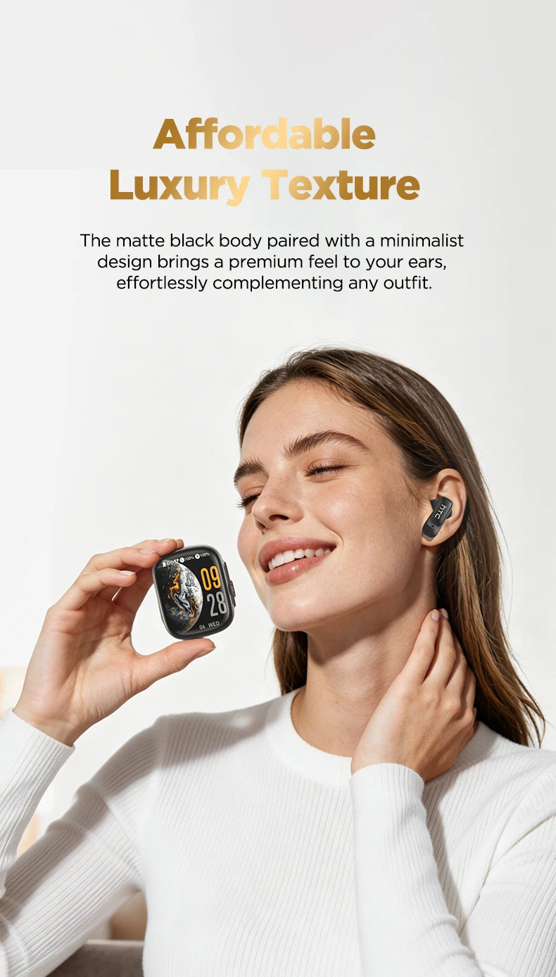 A woman is holding an AI-powered translator earbud and its smart touch screen case against her ear.