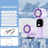 A purple portable cooling fan is shown with a lanyard and charging cable, set against a backdrop of ice cubes.