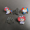 A set of five metal pins featuring cartoon anime characters and designs.