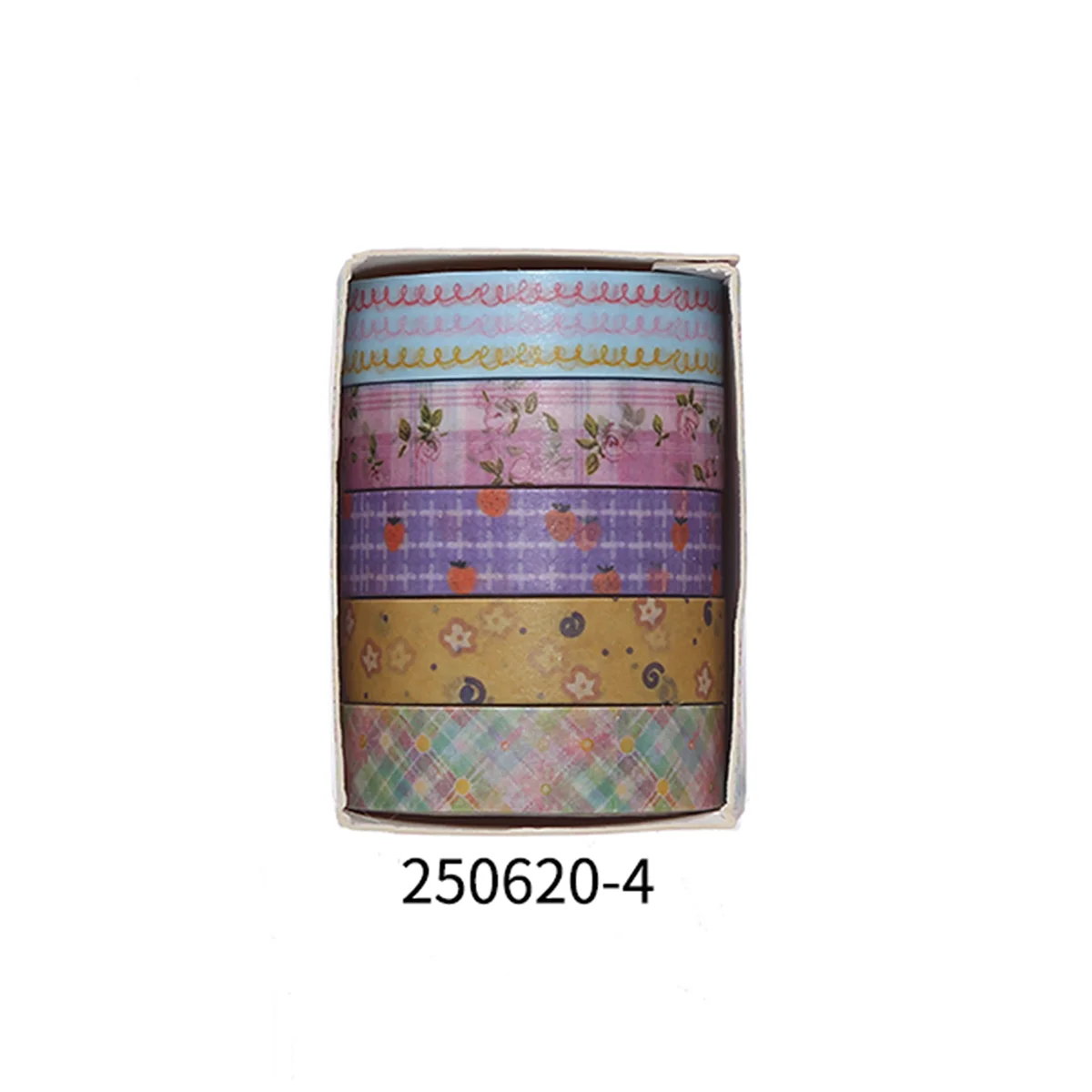 A set of five rolls of floral patterned washi tape in various colors and designs for journaling and crafts.