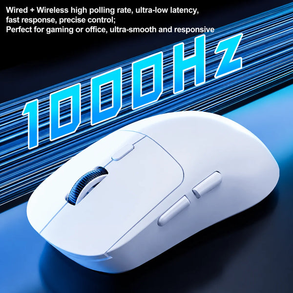 A white computer mouse is shown against a blue background with glowing lines, highlighting its high performance features.