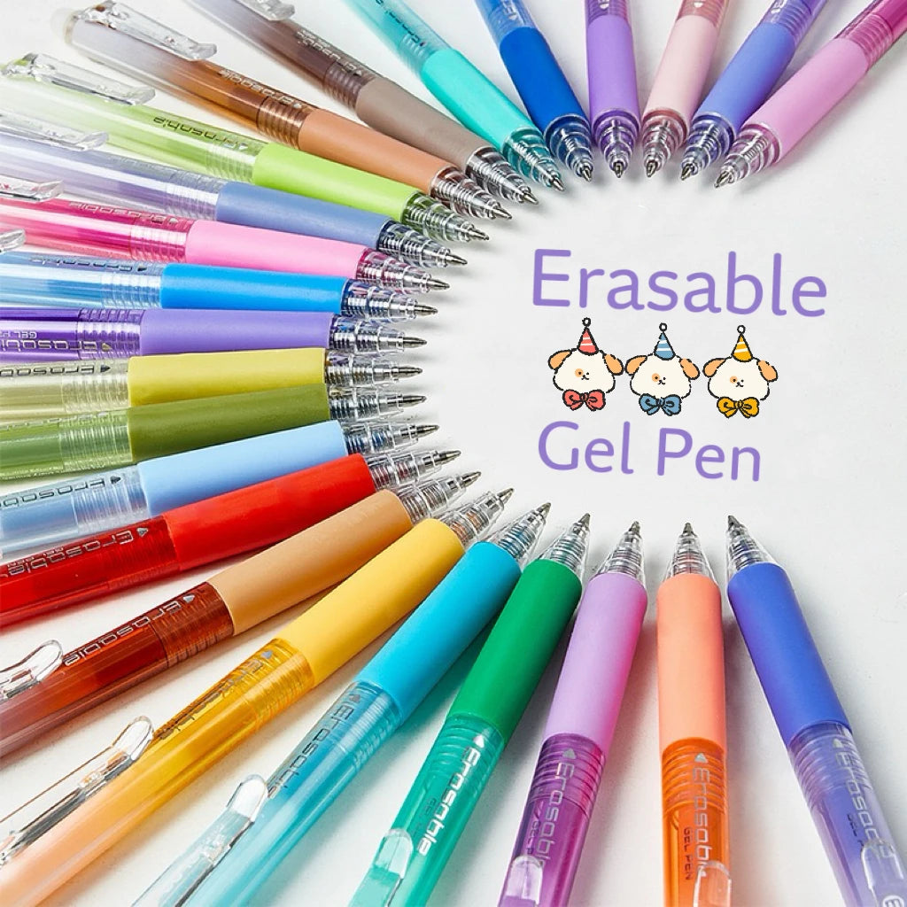 A circular arrangement of assorted colored erasable gel pens displayed against a white background.