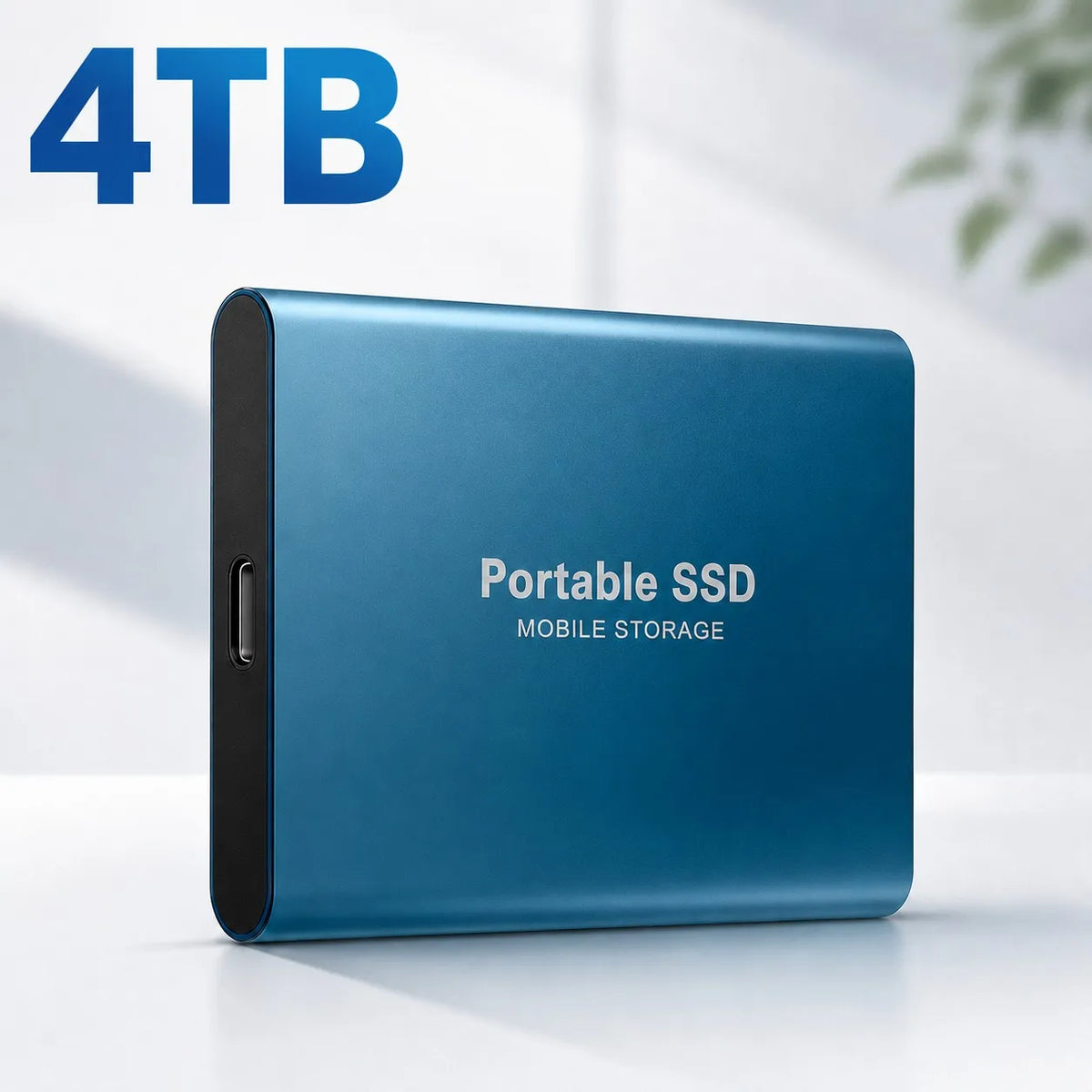 Ein blauer tragbarer SSD mit schwarzem Gehäuse auf einer weißen Oberfläche.
