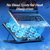 A laptop is shown resting on a blue cooling pad with glowing blue fans, emphasizing heat dissipation.