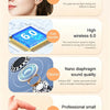 A set of small wireless earbuds shown with various features highlighting non-flashing lights, fast 6.0 transmission, clear so