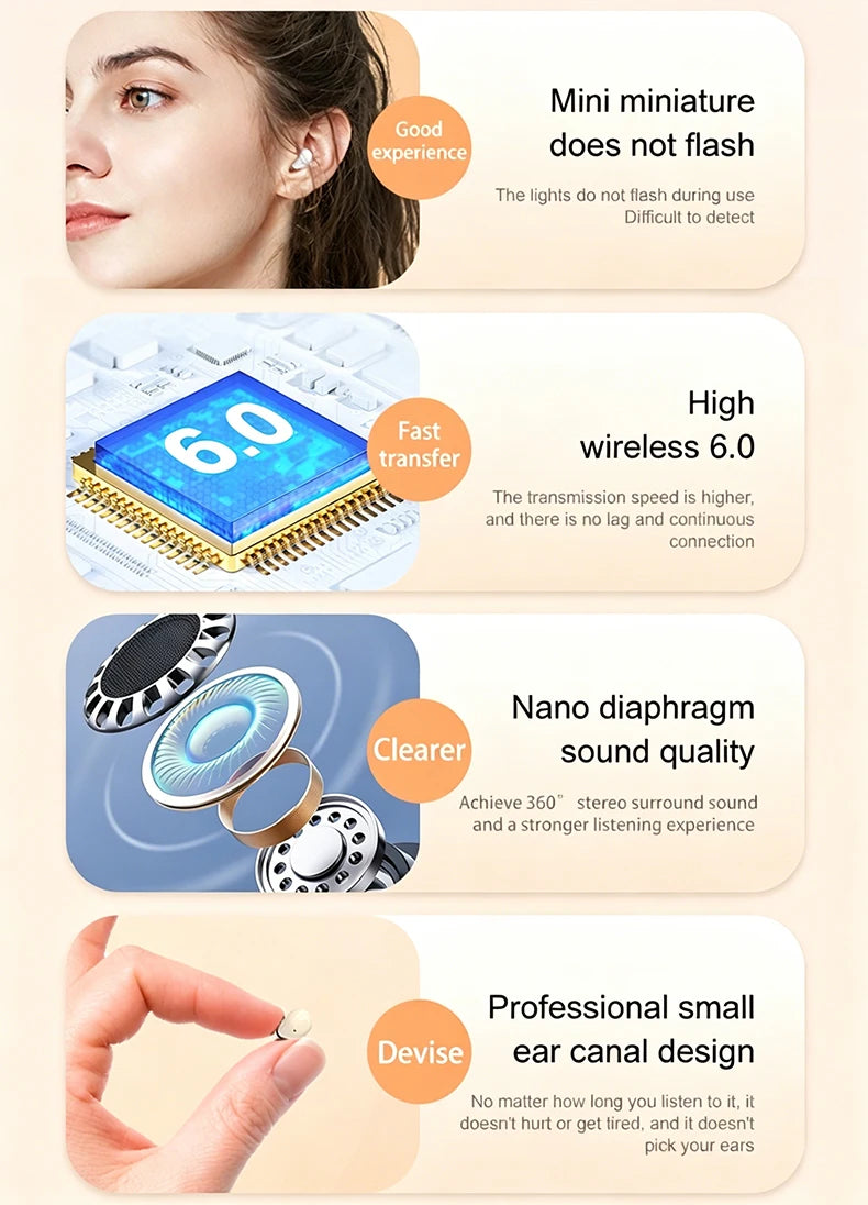 A set of small wireless earbuds shown with various features highlighting non-flashing lights, fast 6.0 transmission, clear so
