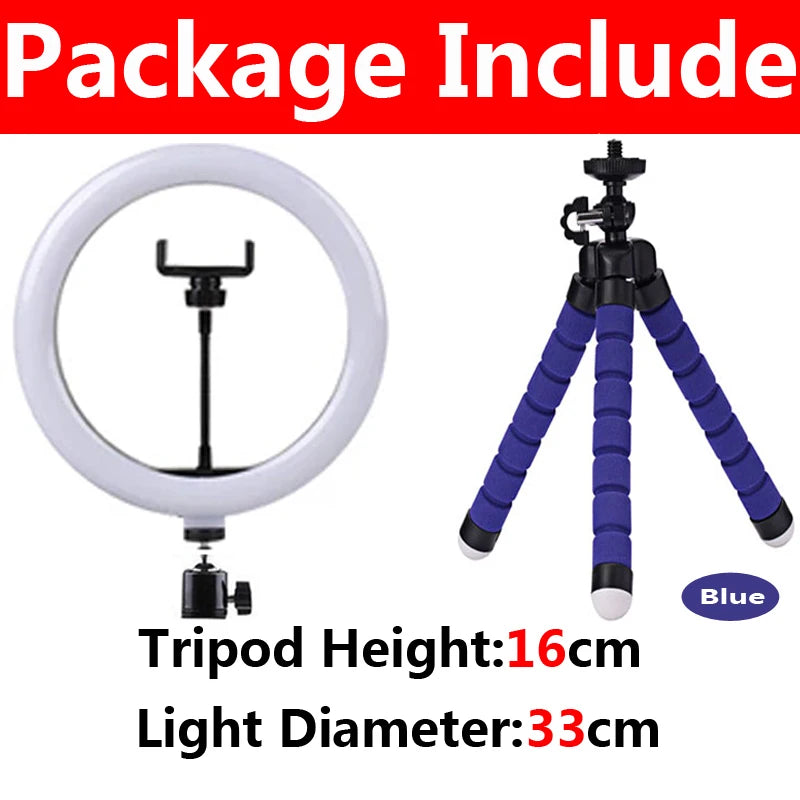 A white LED selfie ring light with a 16cm tripod and a 33cm light diameter.