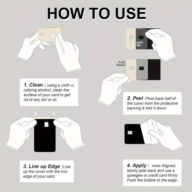 Instructions for applying a Funny PVC Credit Card Sticker Skin using cleaning, peeling, lining up the edge, and applying the 