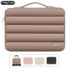 A tan laptop sleeve bag with a carrying handle shown alongside three color options: pink, beige, and black.