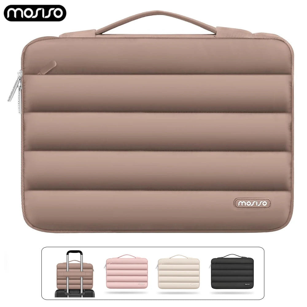 A tan laptop sleeve bag with a carrying handle shown alongside three color options: pink, beige, and black.