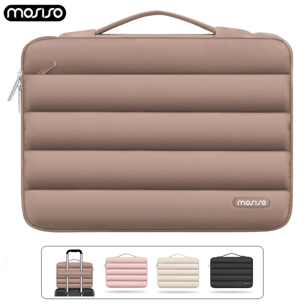 A tan laptop sleeve bag with a carrying handle shown alongside three color options: pink, beige, and black.