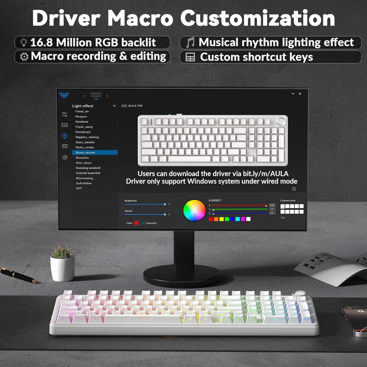 A white mechanical keyboard with customizable RGB lighting is displayed on a desk next to a computer monitor.