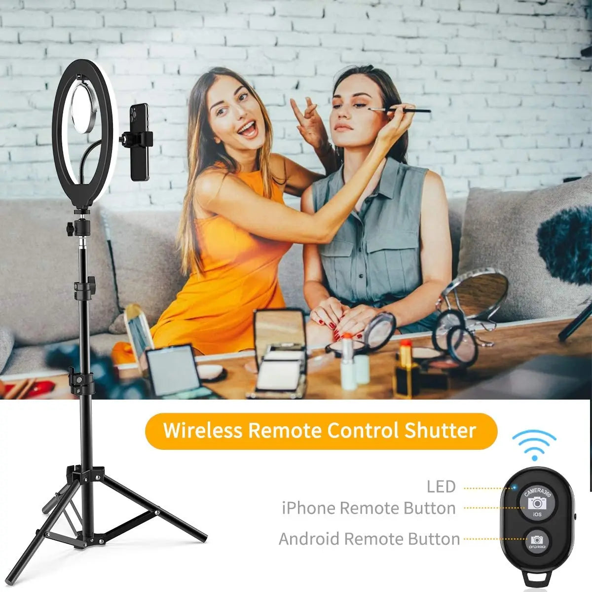 A woman uses a wireless remote control shutter to operate an LED ring light with a tripod stand.