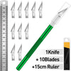 A precision craft knife set featuring 11 stainless steel blades and a 15cm steel ruler.