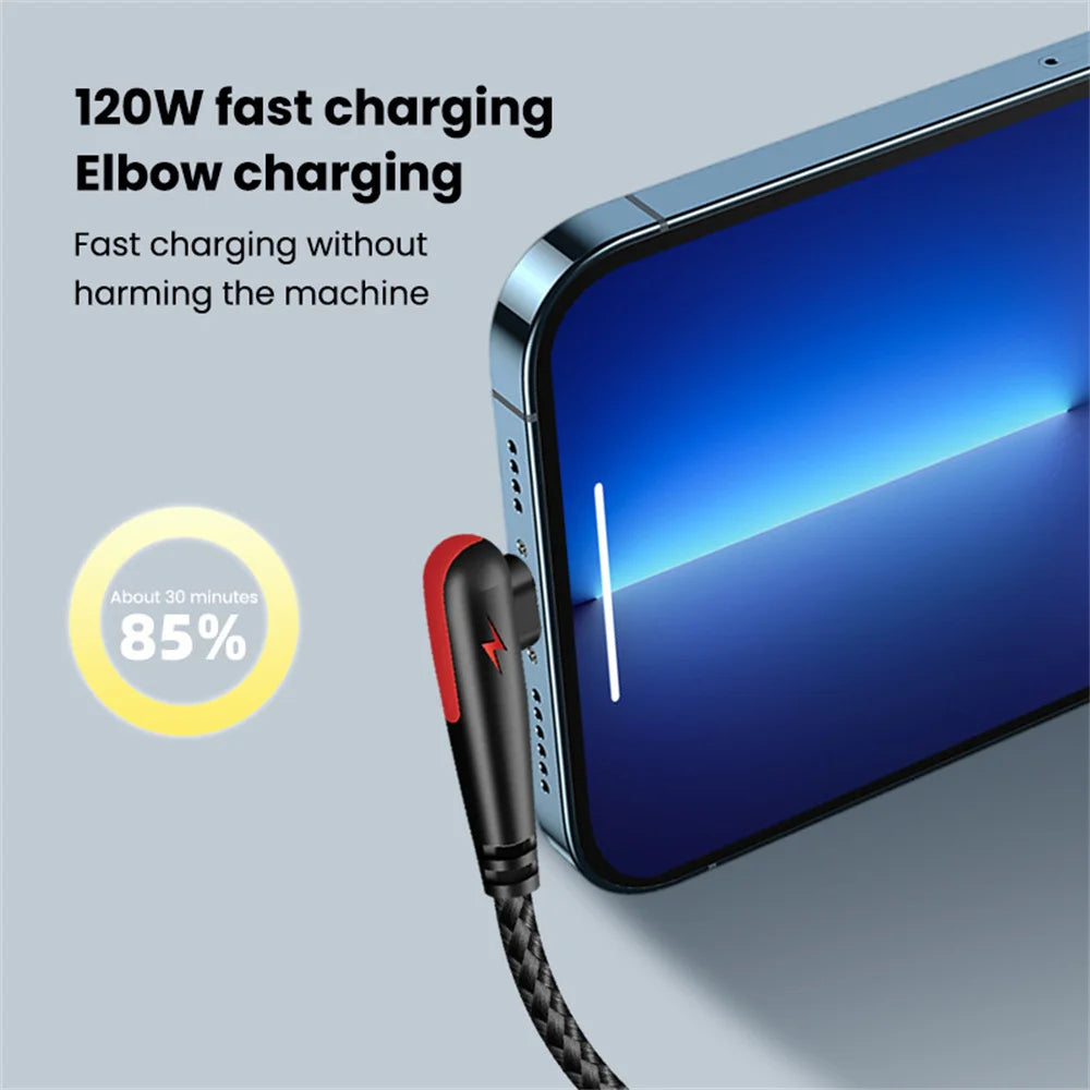 A close-up of a black braided USB-C to Type-C charging cable connected to a smartphone during fast elbow charging.