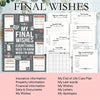 A spiral-bound planner titled Final Wishes with sections for insurance, legal documents, and personal messages.