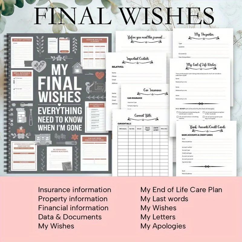 A spiral-bound planner titled Final Wishes with sections for insurance, legal documents, and personal messages.
