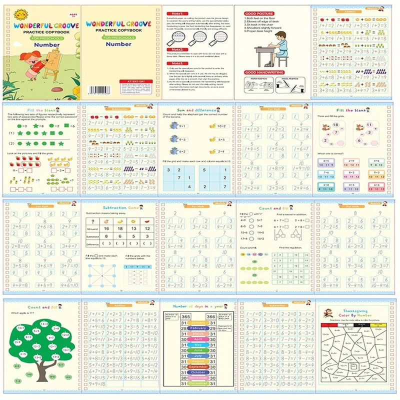 A set of guided writing practice books and a magic copybook for kids featuring number, subtraction, count, and thanksgiving a