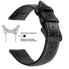 Black genuine leather watch band featuring quick release spring bars and a slide lever for strap adjustment
