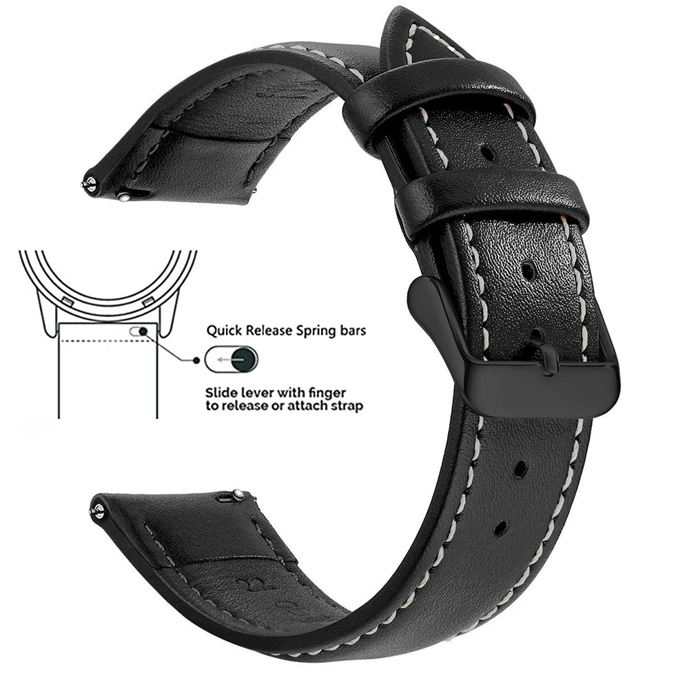 Black genuine leather watch band featuring quick release spring bars and a slide lever for strap adjustment