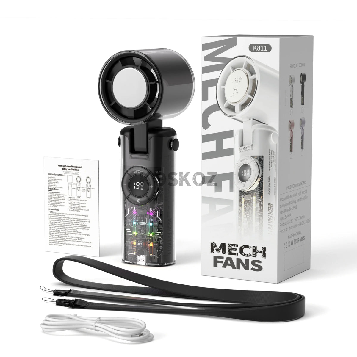A black portable handheld mini fan with a circular grille and a long cord is shown next to its packaging box.