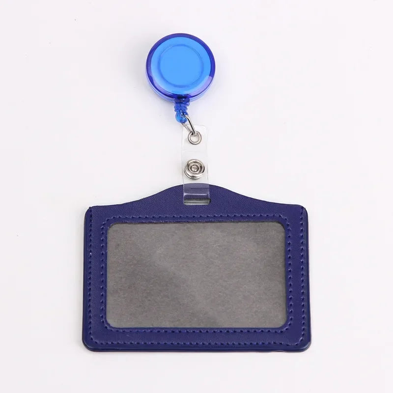 A purple PU leather badge case with a blue retractable reel attached, used for an ID card holder.