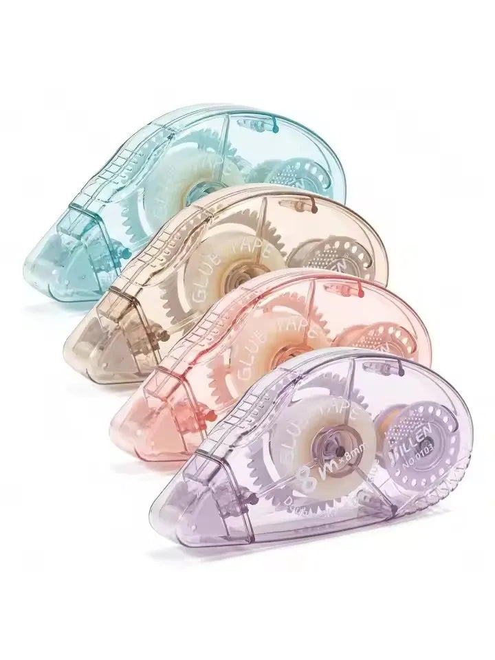 Three rolls of clear double-sided adhesive tape with visible gears are displayed on a white background.