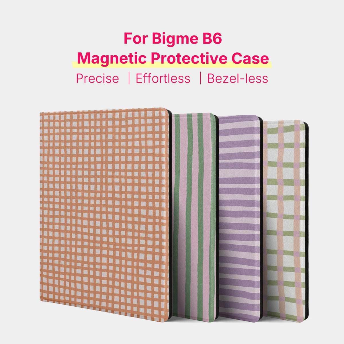A set of magnetic protective cases in various striped colors for a Bigme B6 e-reader.