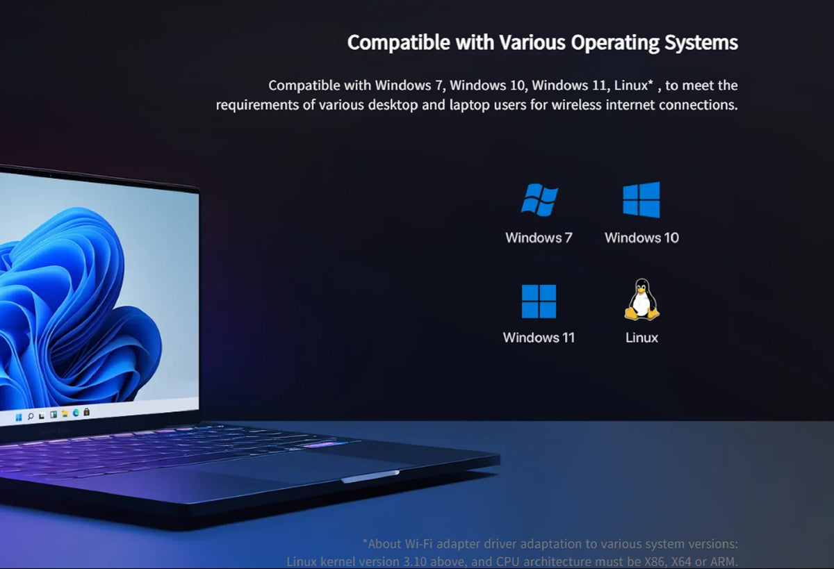 A laptop displaying compatibility information for various operating systems including Windows 7, 10, 11, and Linux.