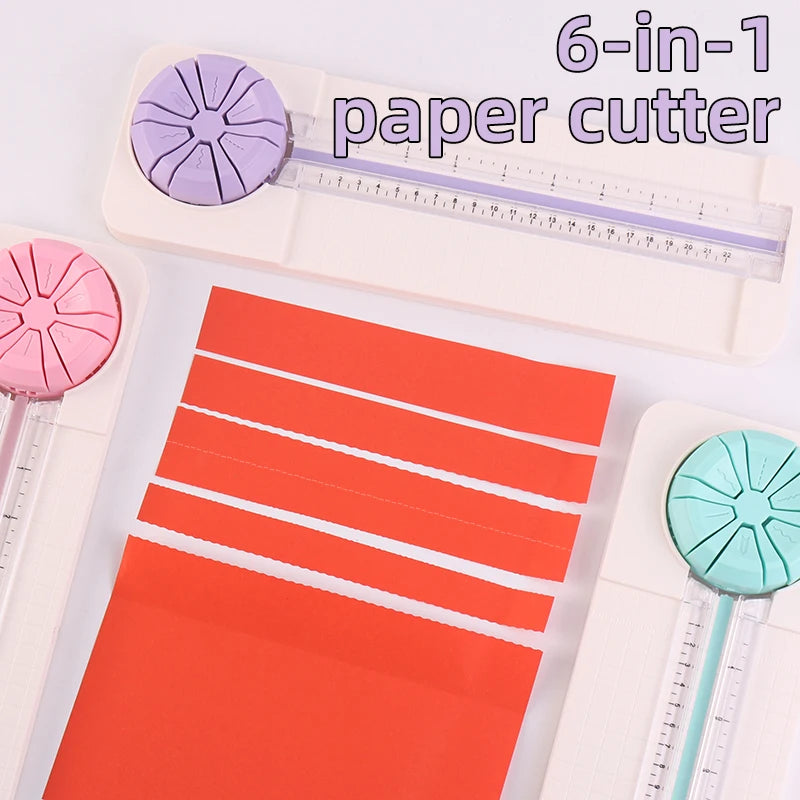 A set of 6-in-1 paper cutters featuring pink and blue rollers and clear measuring scales.