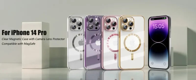 Eine Reihe klarer magnetischer Hüllen für ein iPhone 14 Pro in verschiedenen Farben, neben dem Telefon angezeigt.