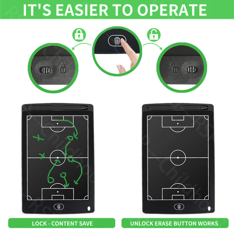 A portable coaching tablet displaying a soccer field layout with markings, showing lock and unlock functions.