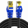 A close-up view of a Cat8 Ethernet patch cable with blue connectors and black cable jacket.