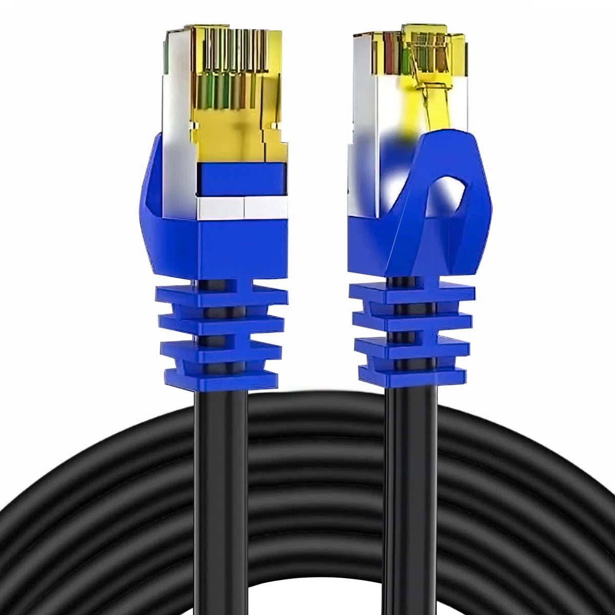 A close-up view of a Cat8 Ethernet patch cable with blue connectors and black cable jacket.