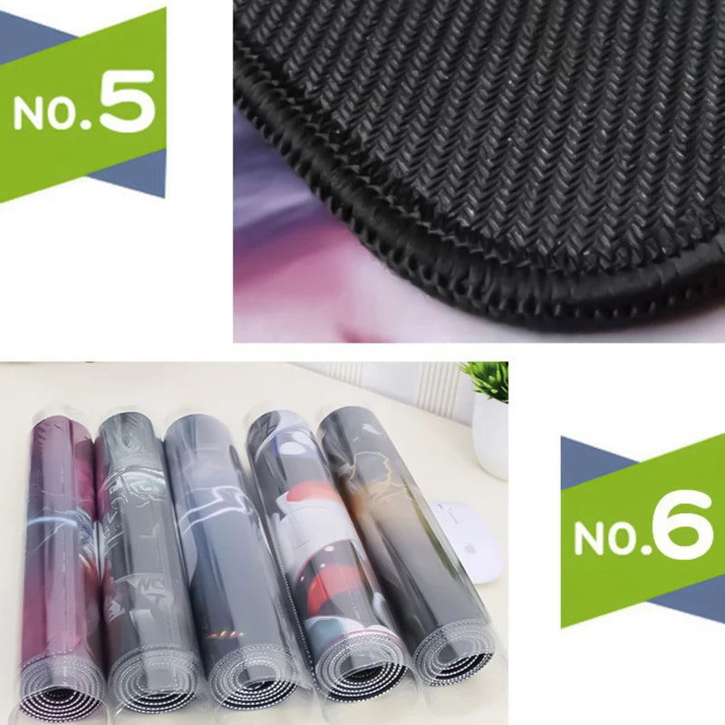 A set of six rolled gaming mouse pads with money print designs shown next to a black textured pad.