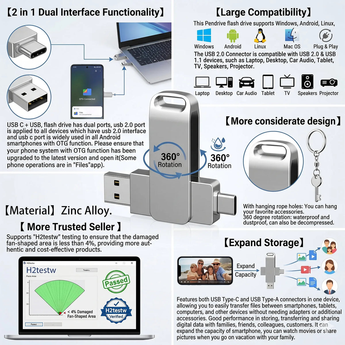 A silver USB 2.0 Type-C OTG flash drive with a durable, fan-shaped design.