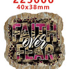 A set of ten faith-themed acrylic hairbows with a water ripple effect, featuring the text Faith Over Fear.