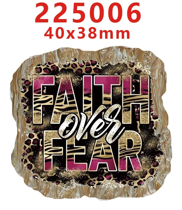 A set of ten faith-themed acrylic hairbows with a water ripple effect, featuring the text Faith Over Fear.