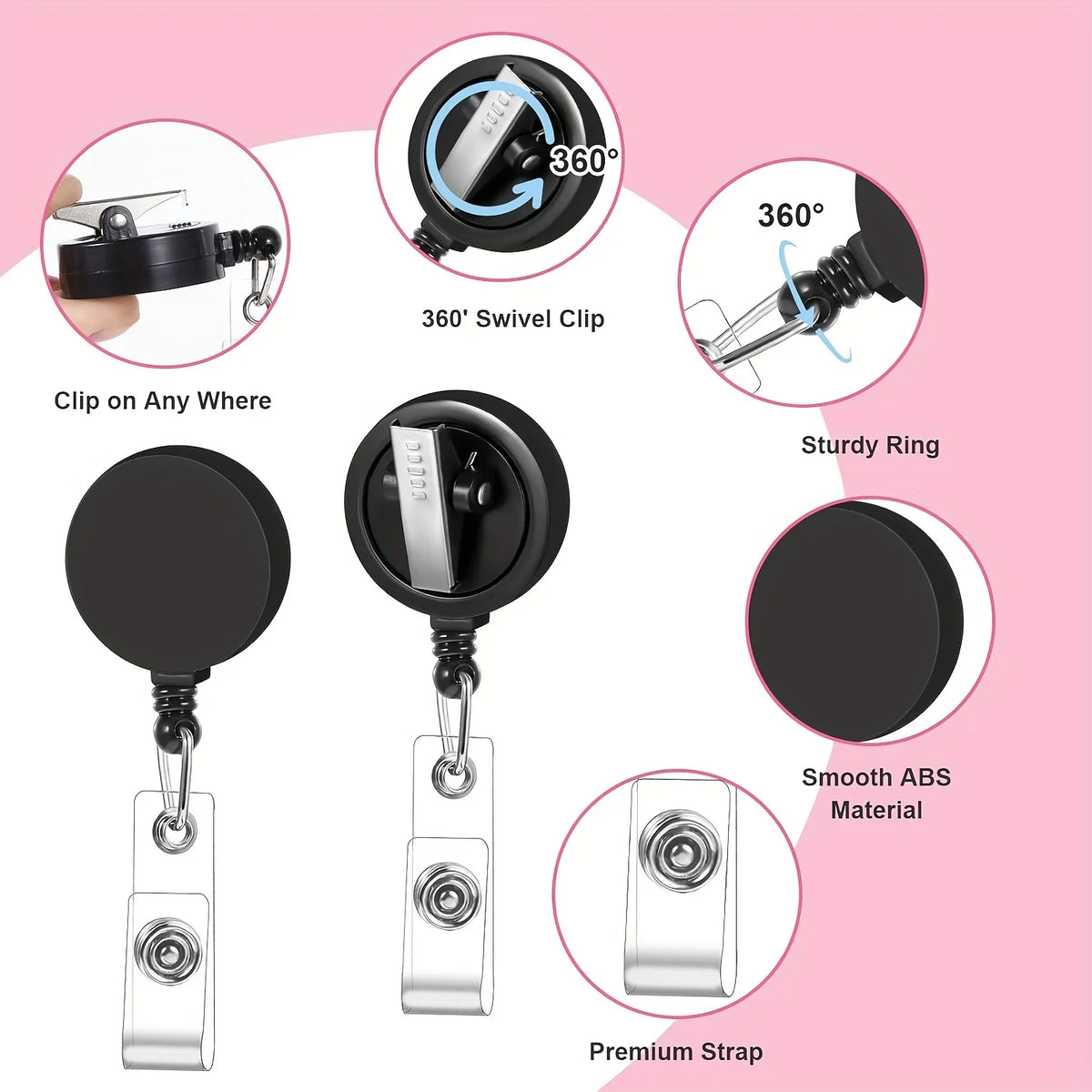 A set of retractable badge reels featuring crocodile clips, a sturdy ring, and a smooth ABS material.