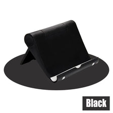 A black flexible multi-angle tablet and phone desk stand shown from above.