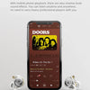 A pair of silver dynamic earphones shown next to a smartphone displaying audio equipment specifications.
