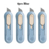 Four blue deli mini pocket knives with silver blades shown side by side.