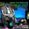 Black mechanical mouse with a textured shell is shown next to a bronze helmet, emphasizing the pressure crush shot feature.